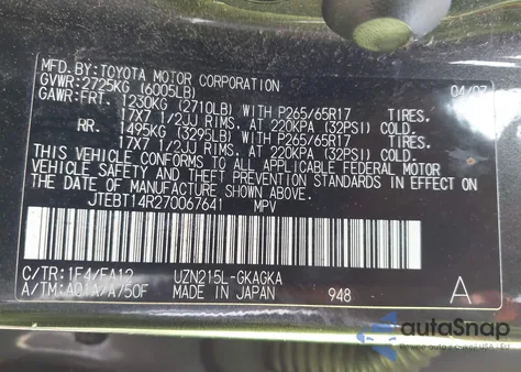 2007 Toyota 4Runner Sr5 V8 from USA, damaged, VIN JTEBT14R270067641